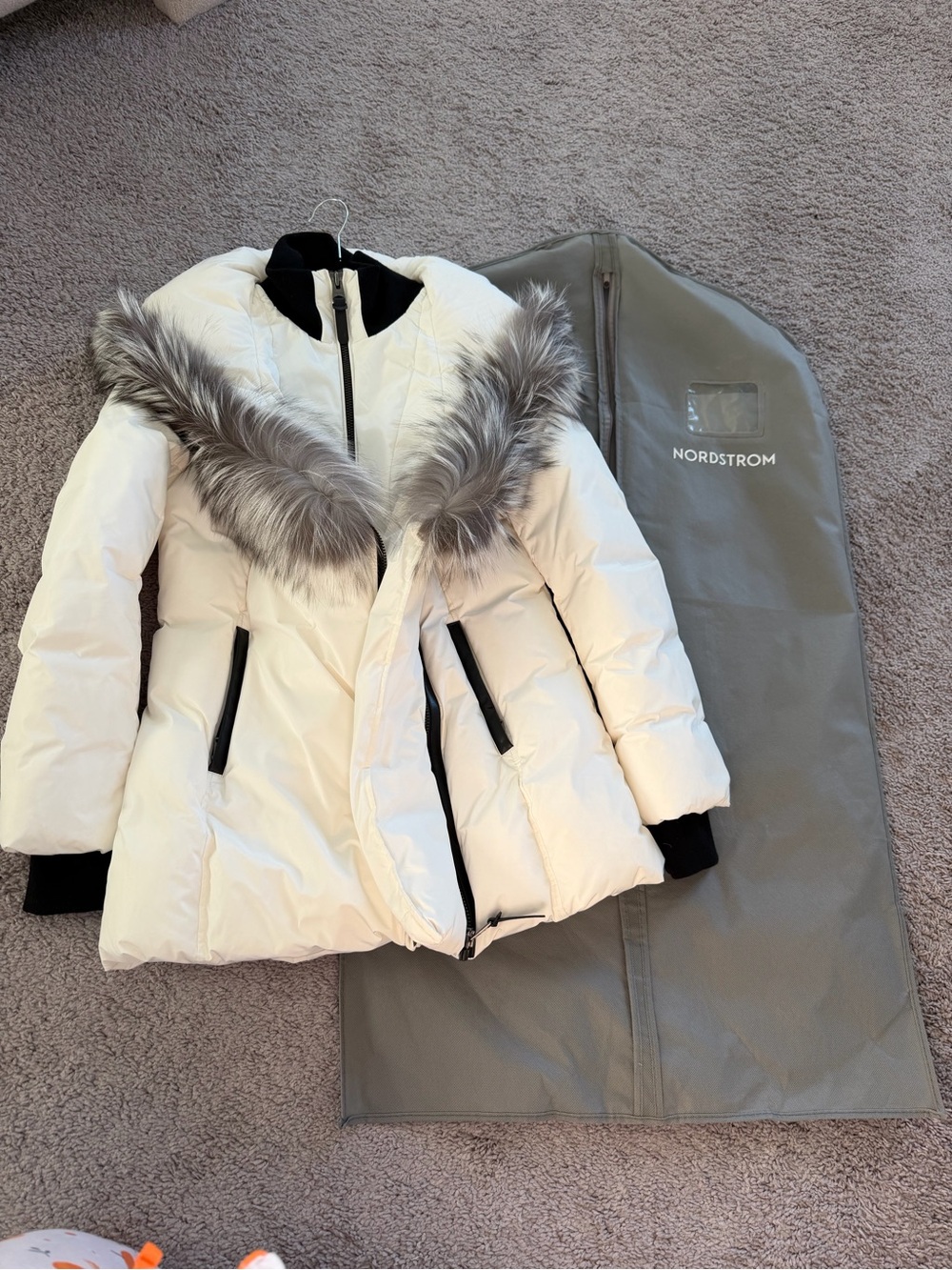 Mackage White Puffer Coat with Gray Faux-Fur Trim